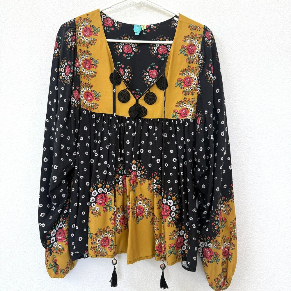 FARM Rio Floral Boho Peasant Top Black Yellow Long Sleeve Tassel M Viscose